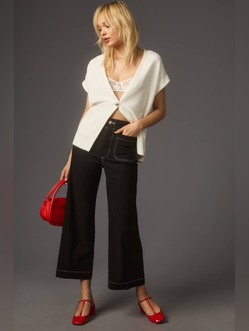 Maeve The Colette Wide Leg Crop 29 Ponte Stretch Contrast Stitch Black Preppy